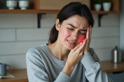 Femme préoccupée en train de se toucher la joue