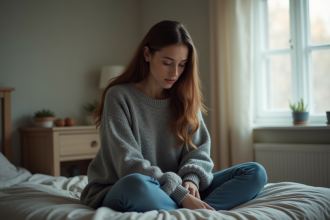 Jeune femme pensant dans une chambre modeste