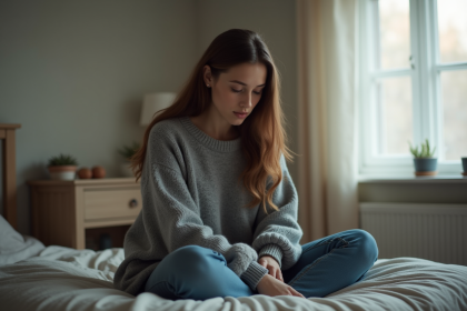 Jeune femme pensant dans une chambre modeste