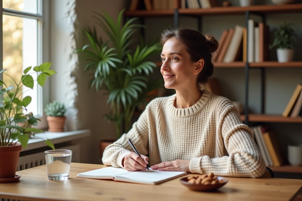 Femme tenant un journal alimentaire pour suivre sa méthode de perte de poids sans effet yo-yo à la maison
