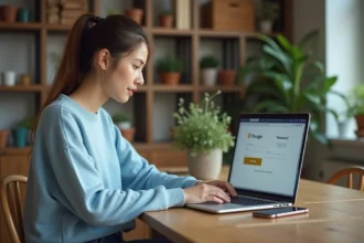 Jeune femme concentrée utilisant son ordinateur portable à la maison
