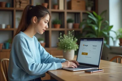 Jeune femme concentrée utilisant son ordinateur portable à la maison
