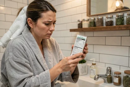 Femme lisant attentivement l'étiquette d'une boîte de coloration végétale dans une salle de bain, cherchant l'ingrédient responsable de maux de tête