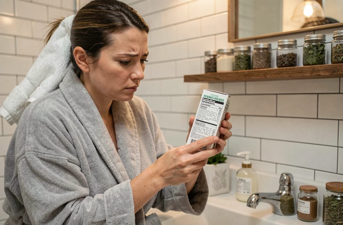 Femme lisant attentivement l'étiquette d'une boîte de coloration végétale dans une salle de bain, cherchant l'ingrédient responsable de maux de tête