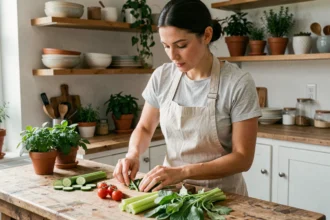 Femme arrangeant des légumes frais et peu caloriques sur un comptoir en bois dans une cuisine naturelle