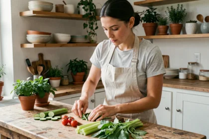 Femme arrangeant des légumes frais et peu caloriques sur un comptoir en bois dans une cuisine naturelle