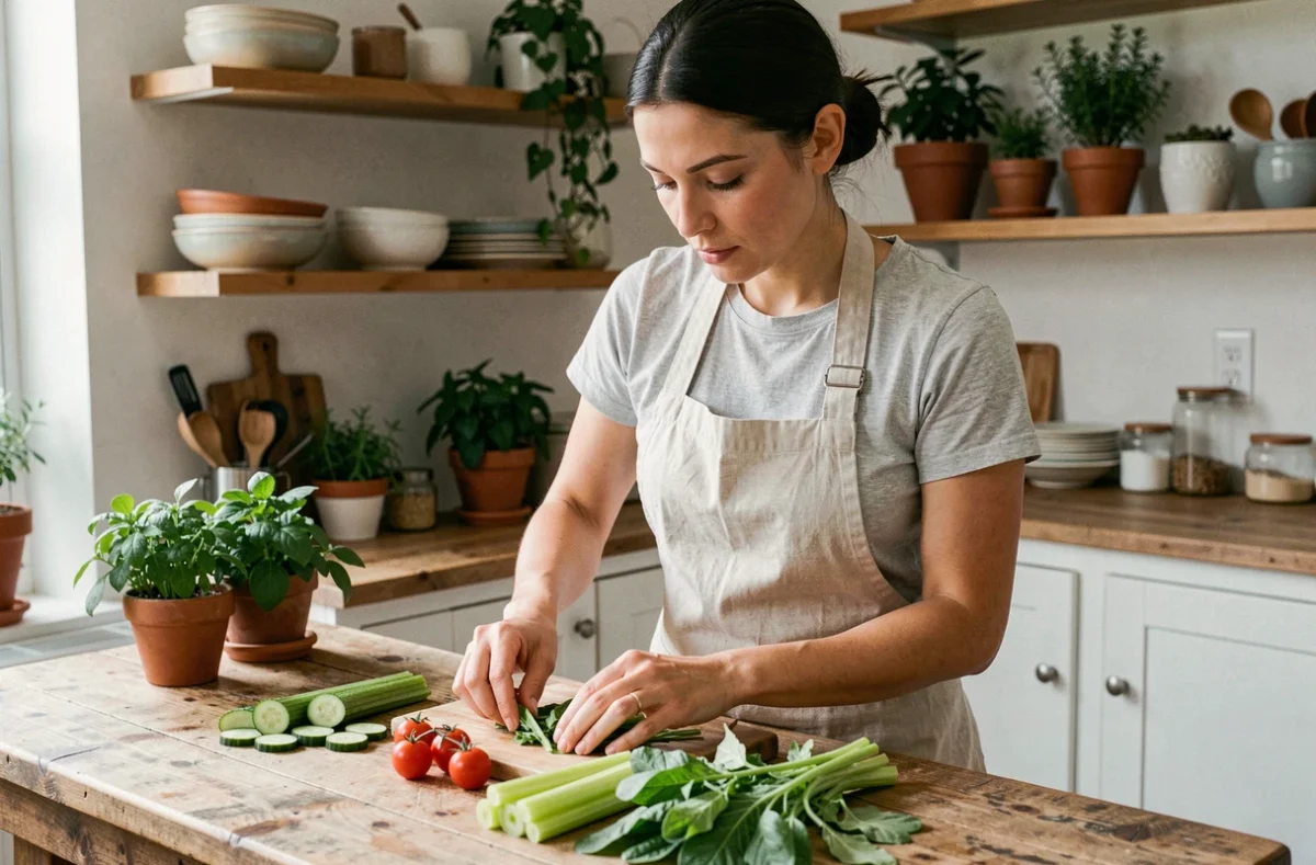 Femme arrangeant des légumes frais et peu caloriques sur un comptoir en bois dans une cuisine naturelle