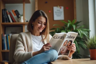 Femme lisant un magazine dans un bureau cosy