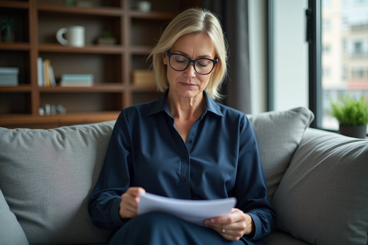 Femme lisant un document dans un salon intérieur