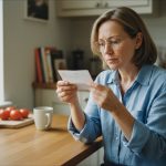 Femme d'âge moyen lisant des informations de lunettes dans sa cuisine