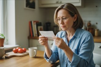 Femme d'âge moyen lisant des informations de lunettes dans sa cuisine