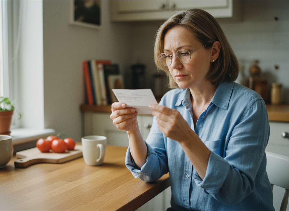 Femme d'âge moyen lisant des informations de lunettes dans sa cuisine