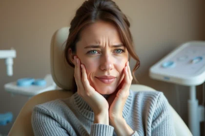 Femme tenant sa mâchoire douloureuse lors d'une consultation ostéopathique pour douleur temporo-mandibulaire