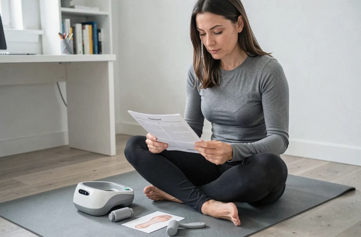 Femme lisant le manuel d'utilisation d'un appareil de massage de pied sur un tapis de yoga