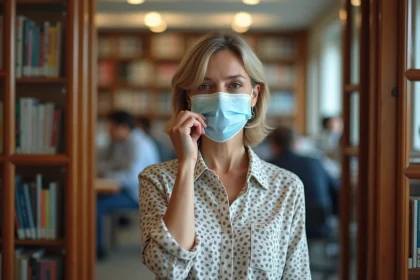Femme ajustant son masque dans une bibliothèque calme