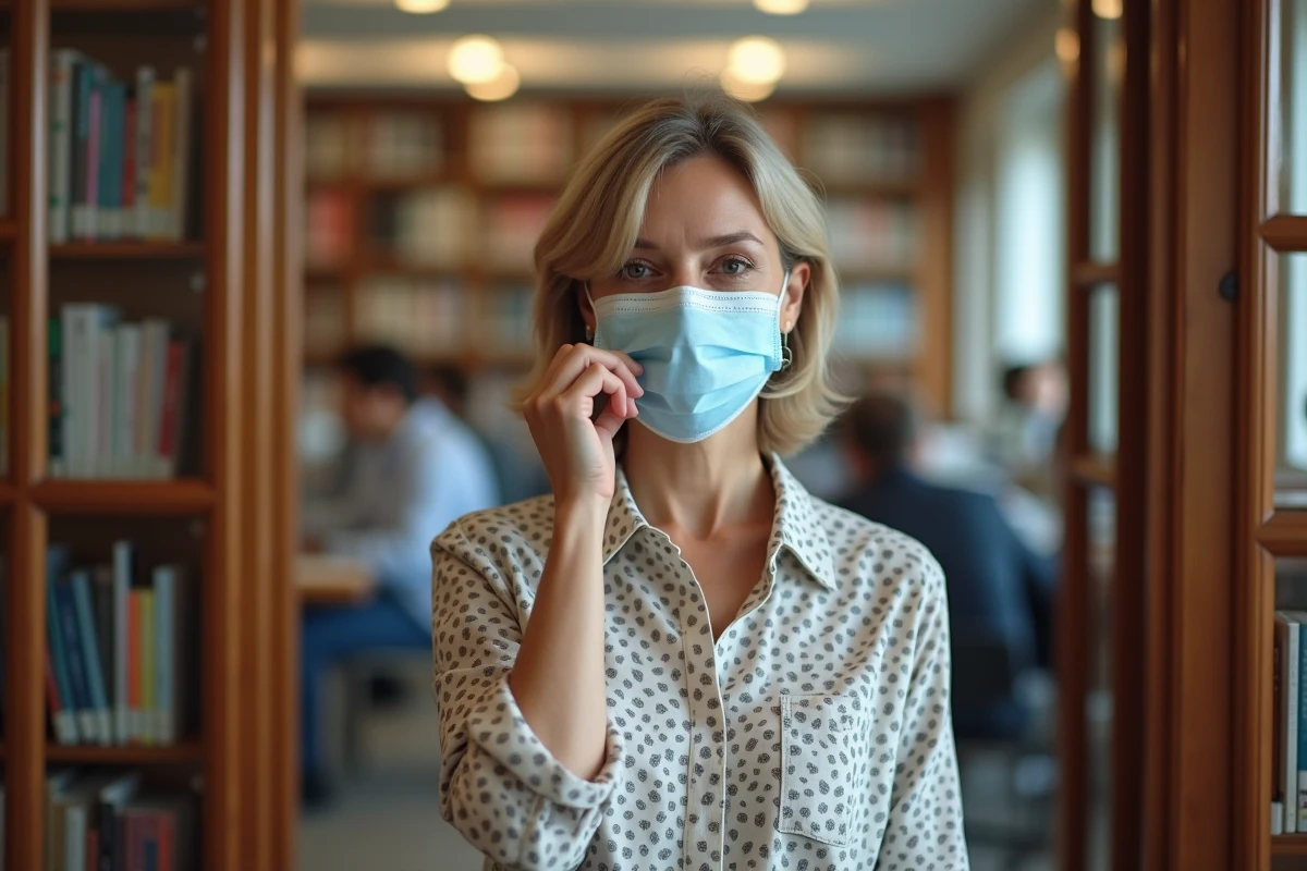 Femme ajustant son masque dans une bibliothèque calme