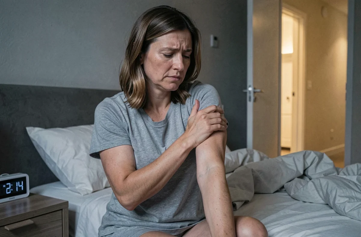 Femme assise sur le bord de son lit en pleine nuit se massant le bras gauche douloureux, réveil affichant 3h14 en arrière-plan