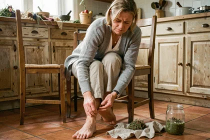Femme âgée massant son talon douloureux due à une épine calcanéenne dans une cuisine rustique avec remèdes naturels maison