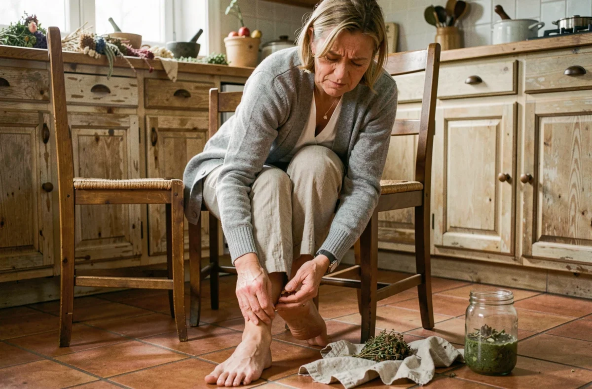 Femme âgée massant son talon douloureux due à une épine calcanéenne dans une cuisine rustique avec remèdes naturels maison