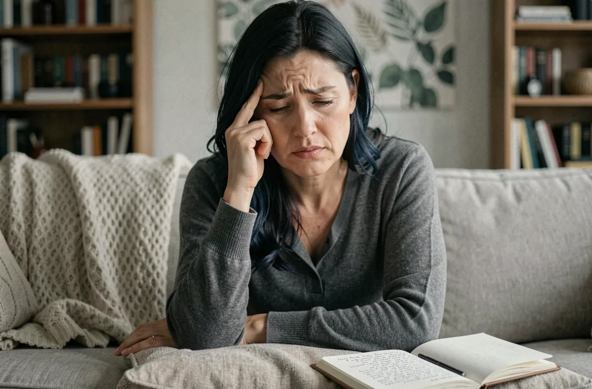 Femme souffrant de maux de tête après une coloration végétale, assise sur un canapé avec un carnet de notes pour identifier l'ingrédient responsable