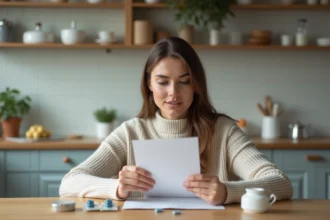 Jeune femme examine un médicament dans une cuisine lumineuse