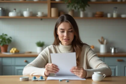 Jeune femme examine un médicament dans une cuisine lumineuse