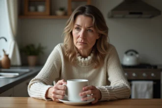 Femme d'âge moyen assise à la cuisine avec une tasse