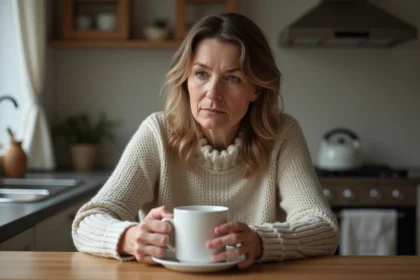 Femme d'âge moyen assise à la cuisine avec une tasse