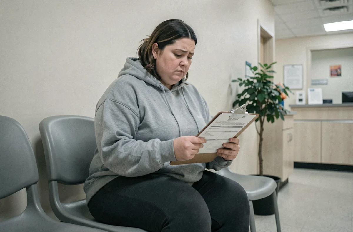 Femme en surpoids dans une salle d'attente médicale tenant des documents, symbolisant le parcours de soin contre l'obésité sévère