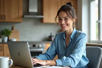 Femme créant un compte en ligne dans une cuisine lumineuse