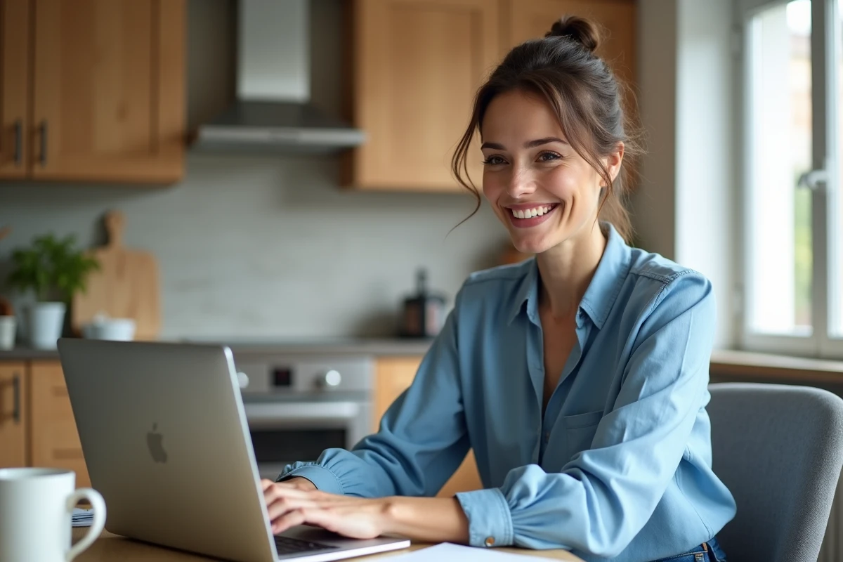 Femme créant un compte en ligne dans une cuisine lumineuse