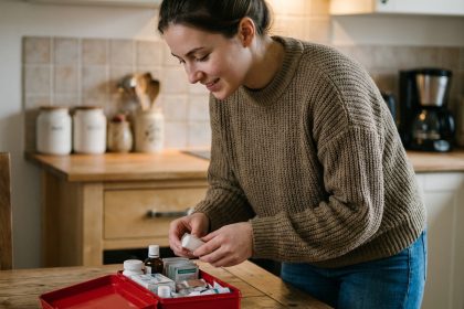 Femme organise des premiers secours sur une table de cuisine