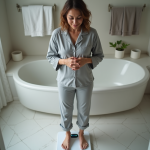 Femme surprise se pesant sur une balance numérique dans la salle de bain