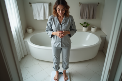 Femme surprise se pesant sur une balance numérique dans la salle de bain