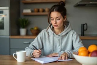 Femme en cuisine examine un plan alimentaire avec concentration