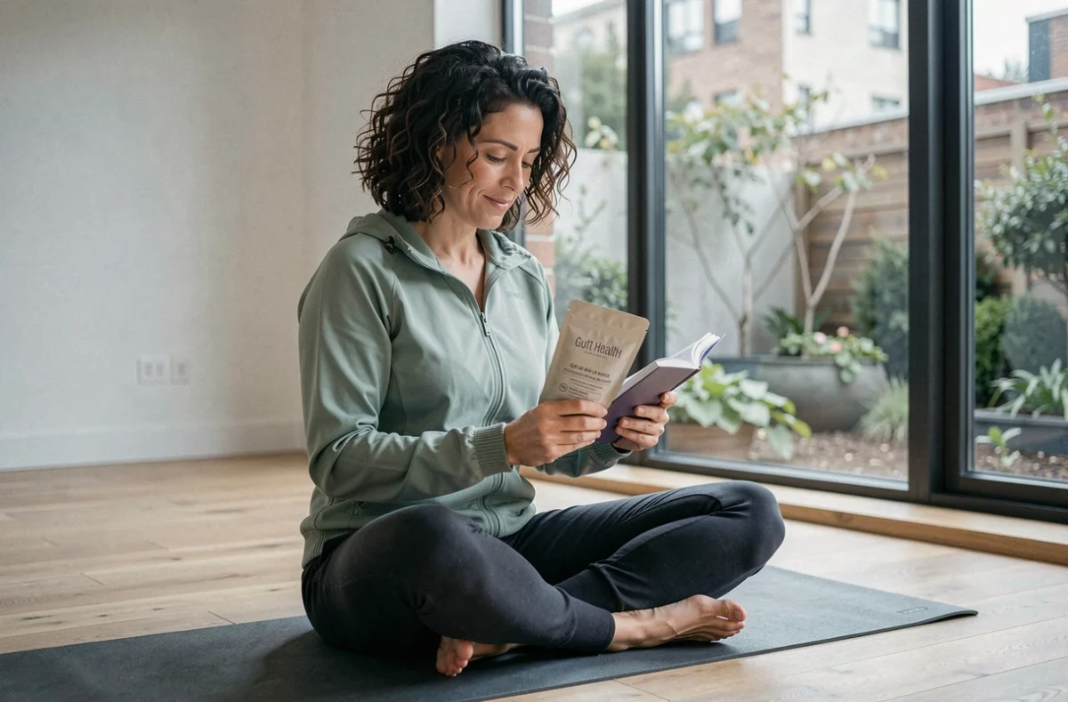 Femme consultant un journal de santé avec un complément postbiotique après une séance de yoga à domicile