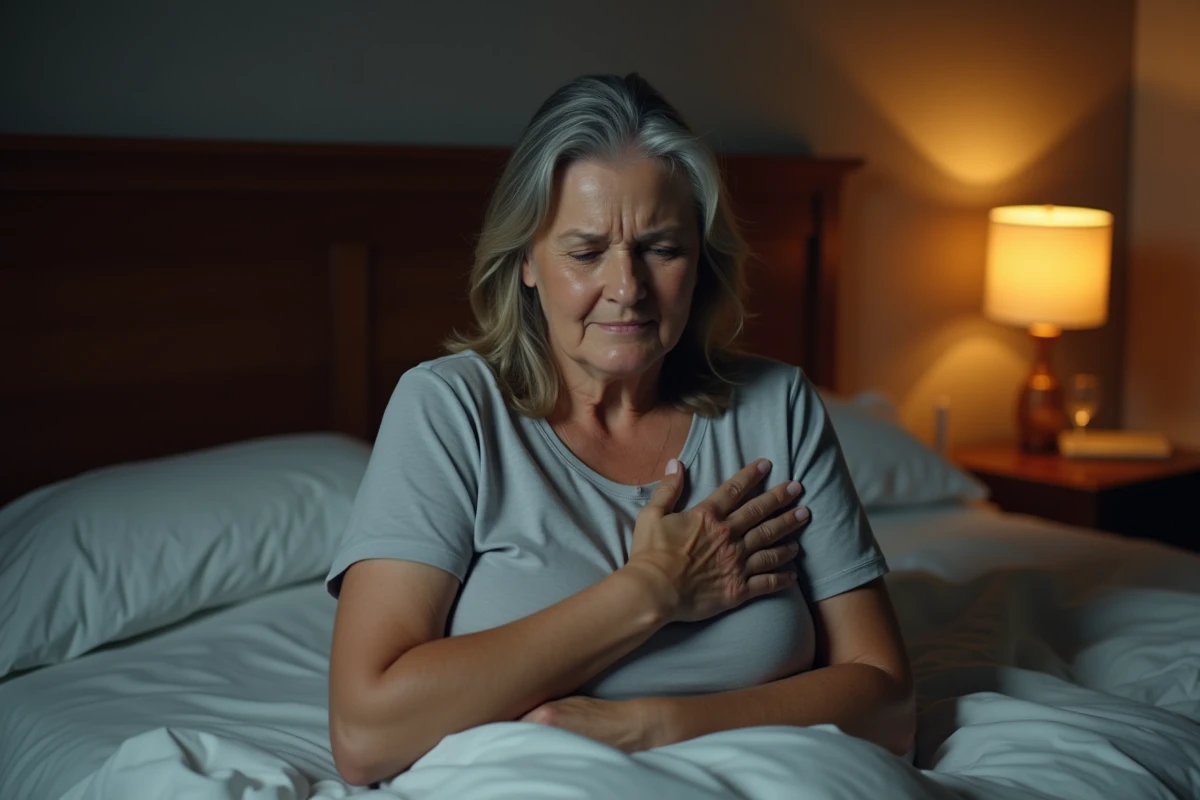 Femme d'âge moyen assise dans son lit la nuit, souffrant de quintes de toux, main sur la poitrine, expression épuisée