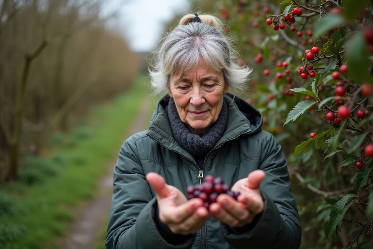 Femme examinant des baies de sloe dans la nature