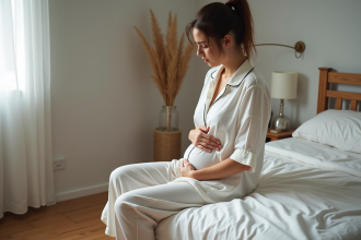 Jeune femme en détente sur le lit avec expression préoccupée