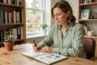 Femme réfléchissant à son espérance de vie avec un carnet de notes et des graphiques sur un bureau en bois