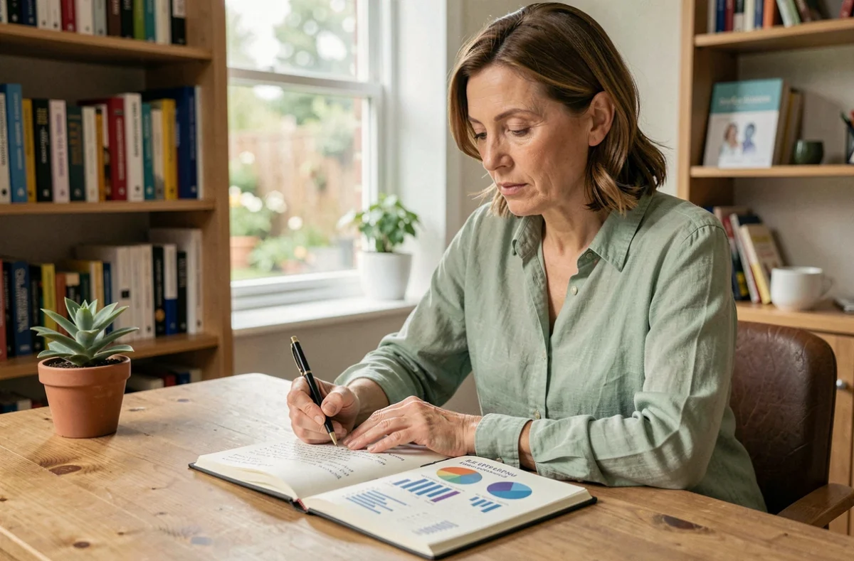 Femme réfléchissant à son espérance de vie avec un carnet de notes et des graphiques sur un bureau en bois