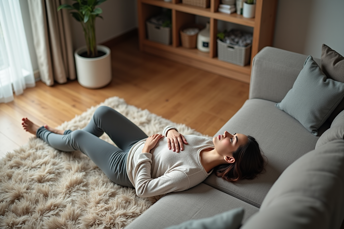 Femme détendue allongée dans un salon moderne