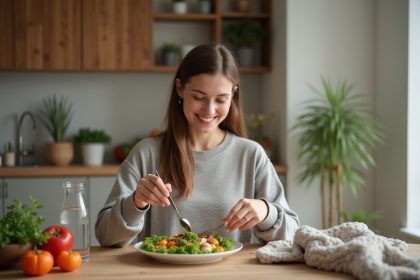 Femme souriante préparant un repas équilibré à la maison