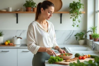 Femme préparant un repas sain et équilibré dans une cuisine moderne pour perdre du poids sans effet yo-yo