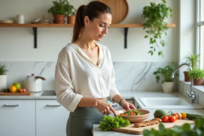 Femme préparant un repas sain et équilibré dans une cuisine moderne pour perdre du poids sans effet yo-yo