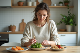 Femme en cuisine organisant un repas sain et équilibré