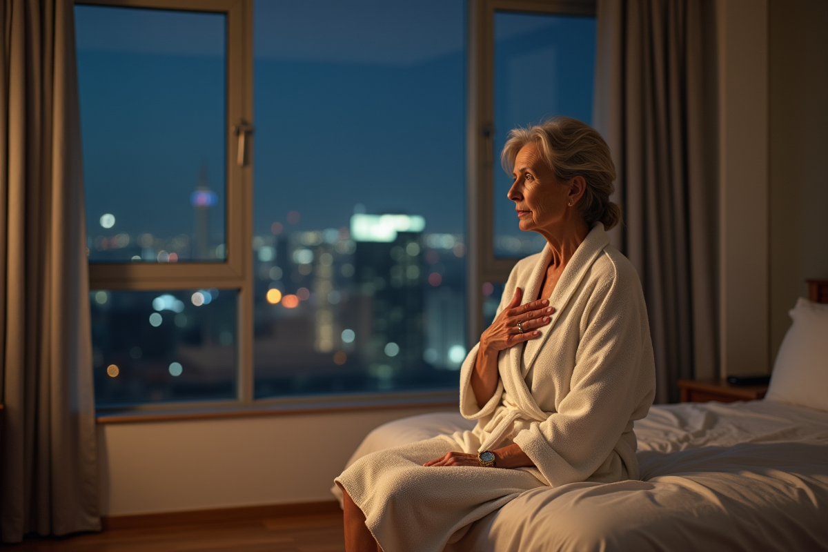 Femme âgée assise sur le lit dans une chambre moderne la nuit