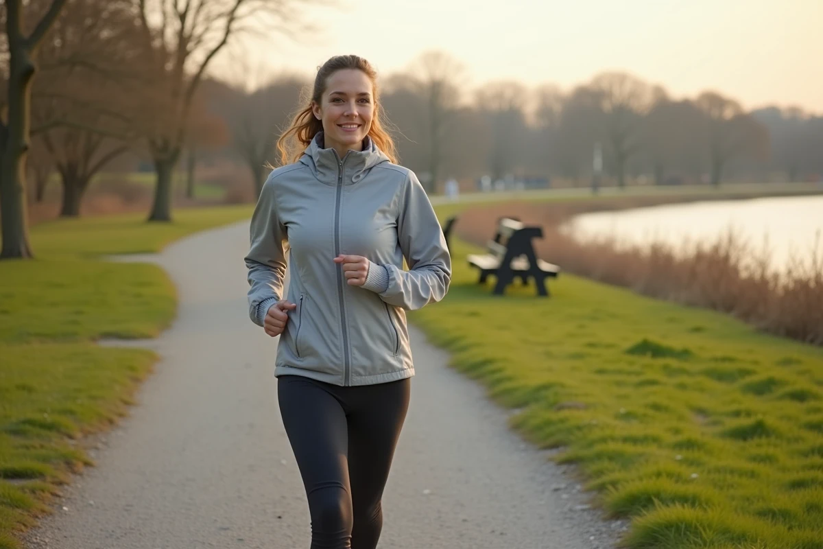 Femme marche dans un parc au bord de la rivière