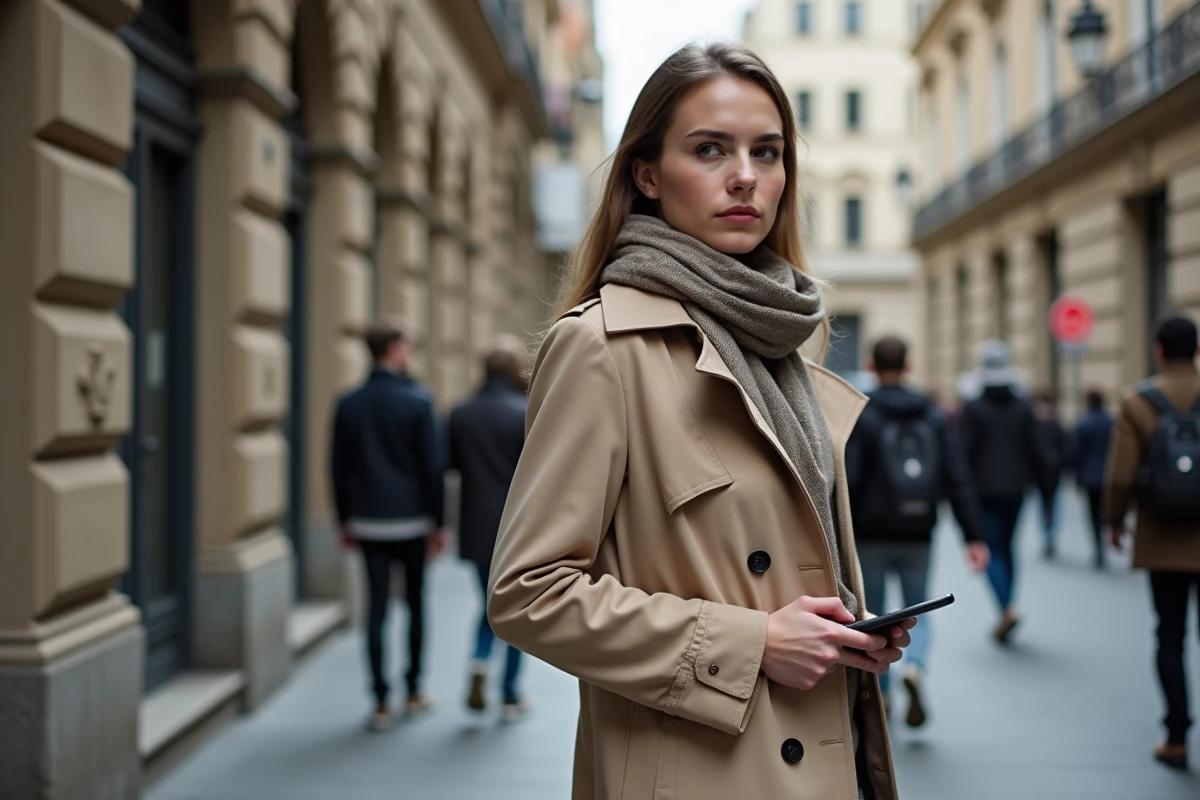 Femme en trench beige avec smartphone dans la rue