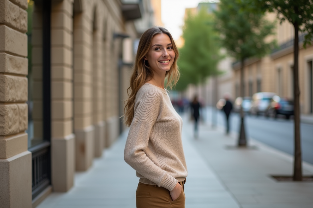 Femme dans la rue urbaine avec sourire naturel